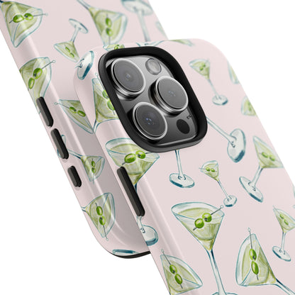 Watercolor Blue and Green Martinis Tossed Illustrated Pattern Blush Pink Tough Phone Case | Various Models