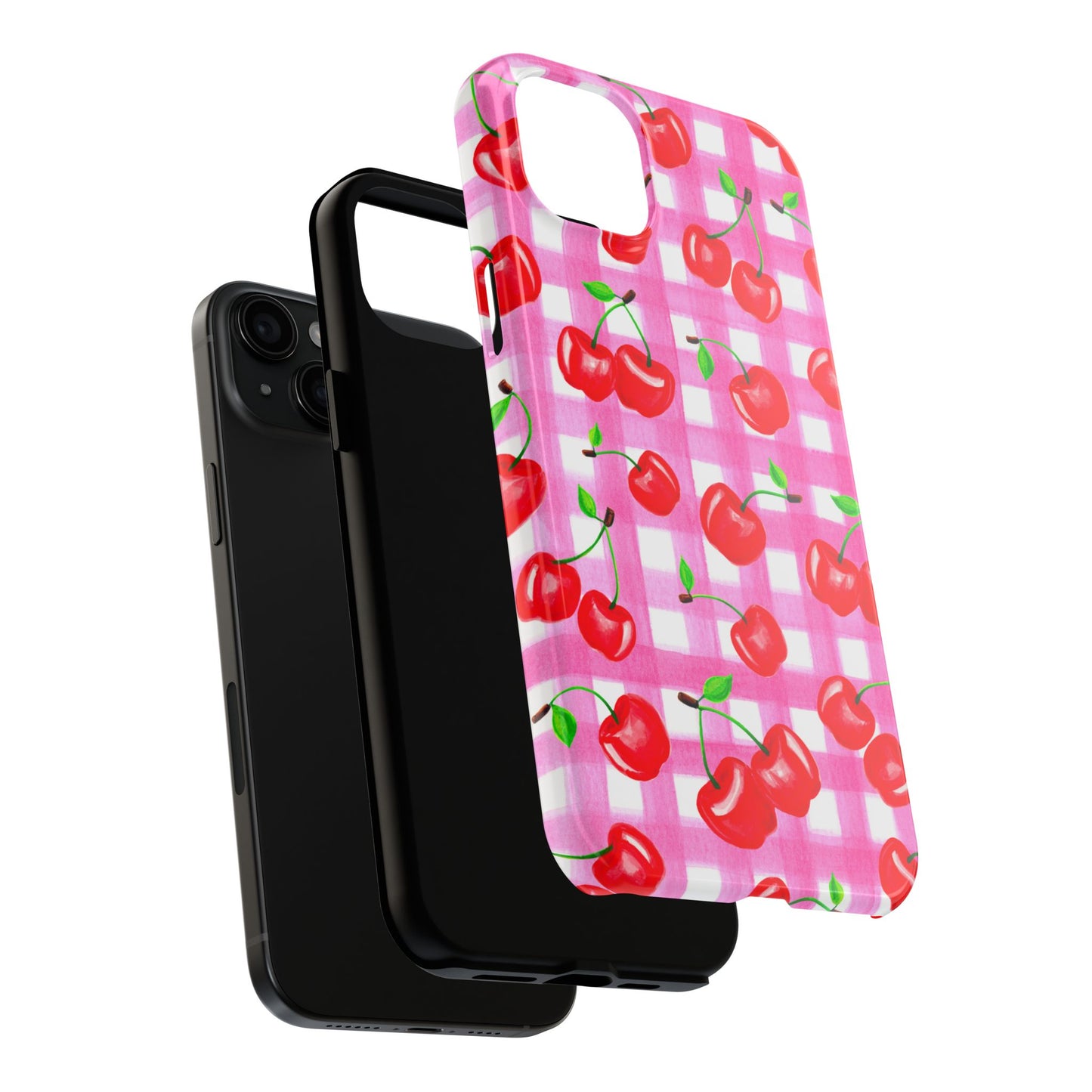 Tossed Red Watercolor Cherries Illustrated Pattern Light Pink Gingham Tough Phone Case | Various Models