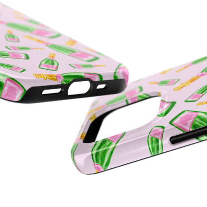 Tossed Pink and Green Watercolor Illustrated Champagne Bottles Pattern Blush Pink Tough Phone Case | Various Models