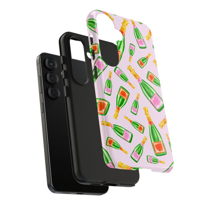 Tossed Pink and Green & Orange and Green Watercolor Illustrated Champagne Bottles Pattern Blush Pink Tough Phone Case | Various Models