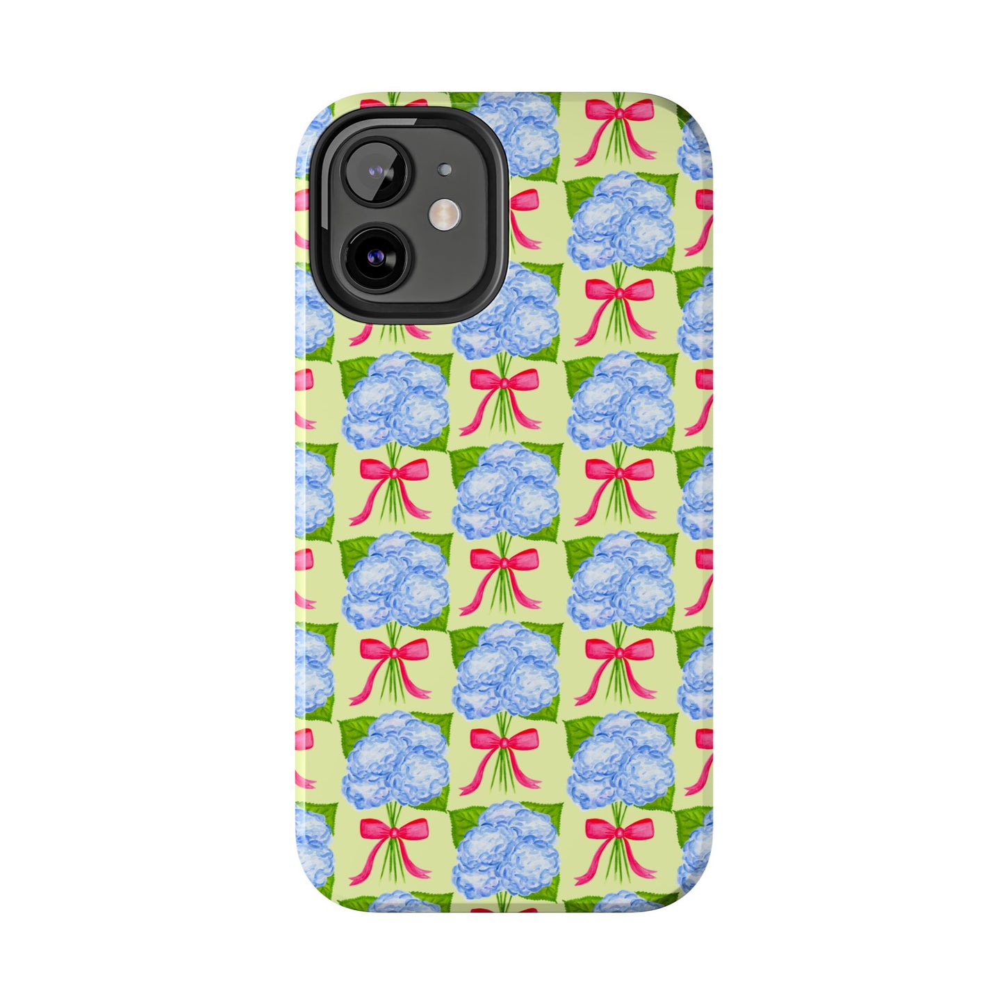 Blue Watercolor Hydrangea Bouquets with Hot Pink Bows Illustrated Patterned Yellow Preppy Grand Millenial Tough Phone Case | Various Models