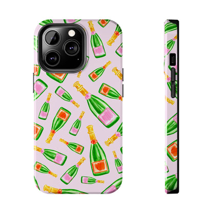 Tossed Pink and Green & Orange and Green Watercolor Illustrated Champagne Bottles Pattern Blush Pink Tough Phone Case | Various Models
