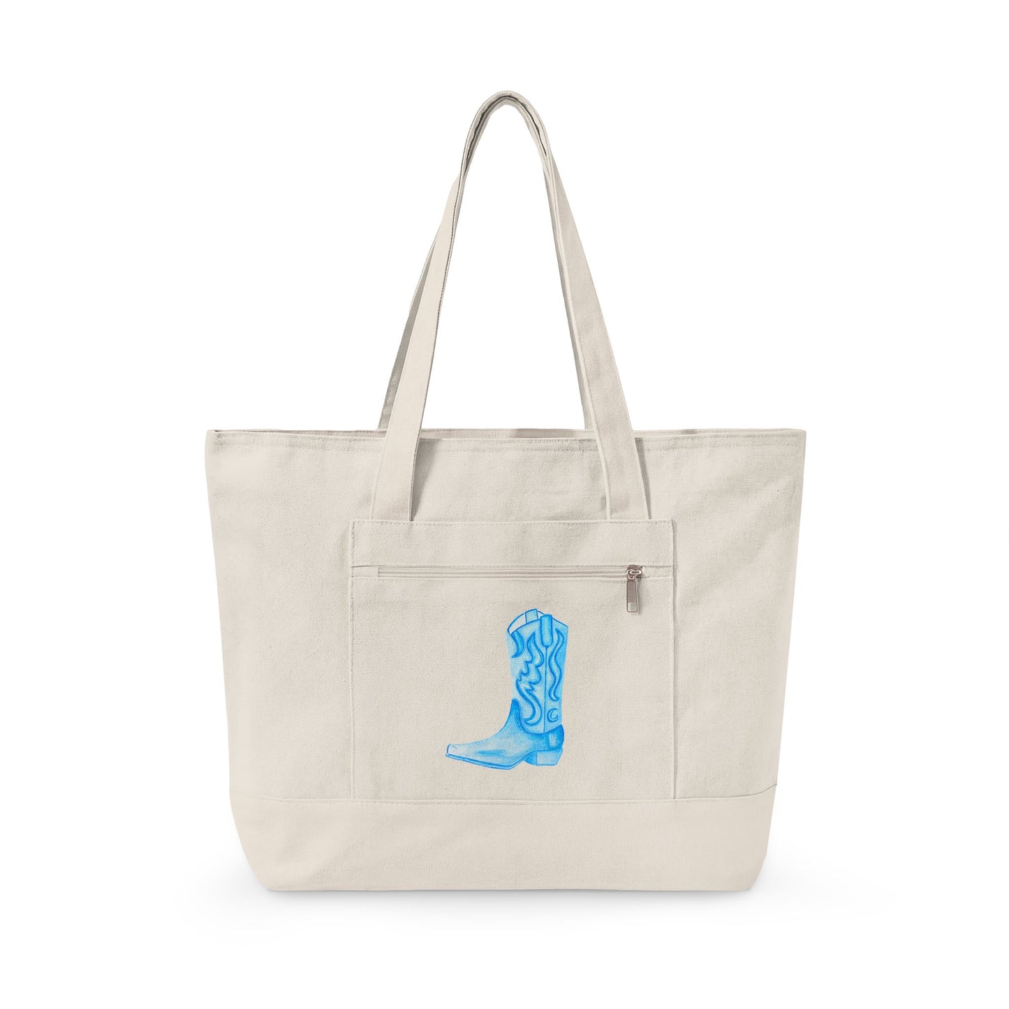 Light Blue Cowboy Boot Watercolor Printed Zippered Canvas Tote 18" x 14" | Various Colors