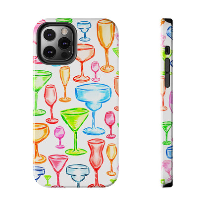Monochromatic Margarita, Wine, Martini, and Champagne Flute Cocktail Glasses Watercolor Illustrated Tough Phone Case | Various Models Available