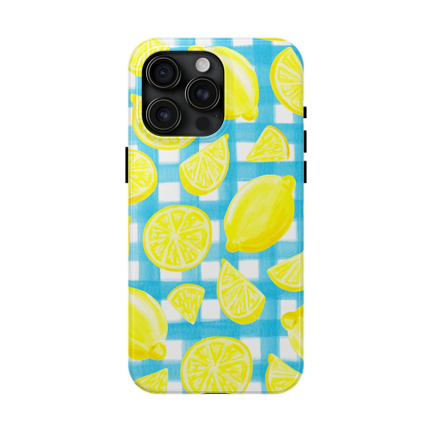 Yellow Lemons & Turquoise Gingham Watercolor Illustrated Tough Phone Case | Various Models Available