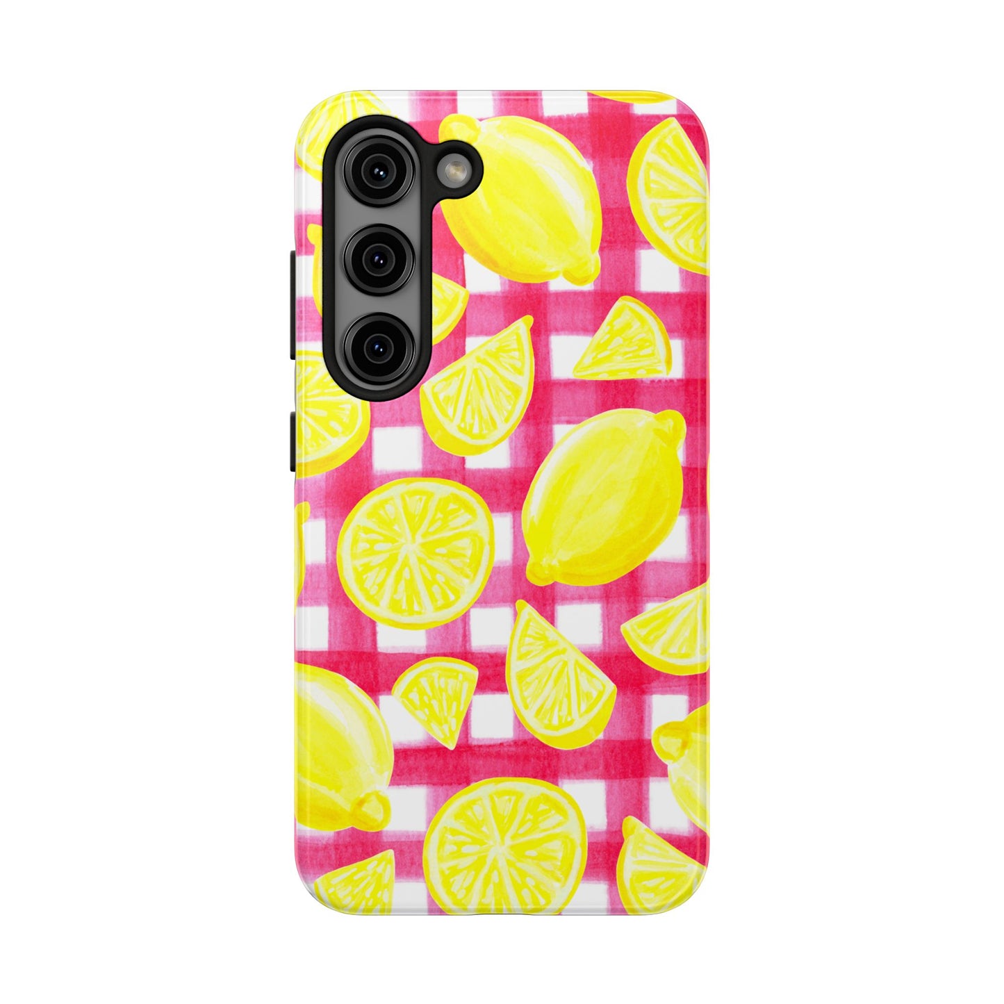 Yellow Lemons & Hot Pink Gingham Watercolor Illustrated Tough Phone Case | Various Models Available
