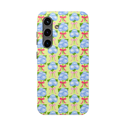 Watercolor Blue Hydrangea Bouquets with Hot Pink and Light Pink Bow Ribbons Illustrated Pattern Yellow Tough Phone Case | Various Models