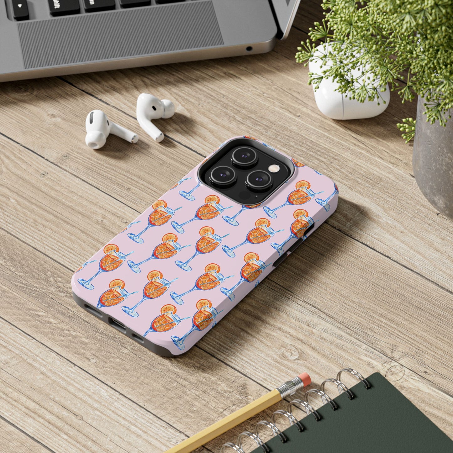Orange & Blue Aperol Spritz Watercolor Patterned Blush Pink Tough Phone Case | Various Models