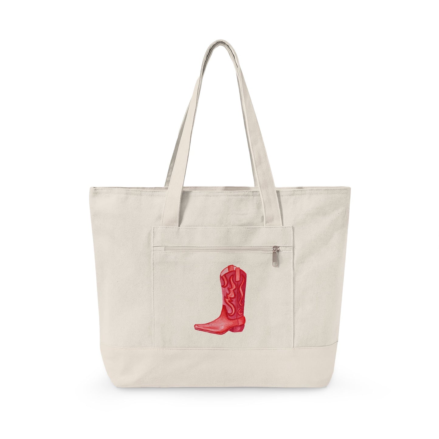 Red Cowboy Boot Watercolor Printed Zippered Canvas Tote 18" x 14" | Various Colors