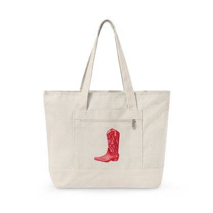 Red Cowboy Boot Watercolor Printed Zippered Canvas Tote 18" x 14" | Various Colors