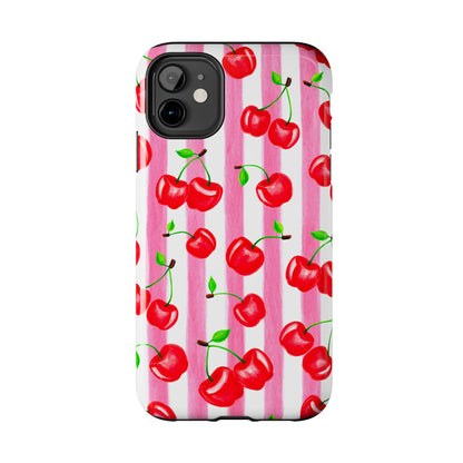 Tossed Red Watercolor Cherries Illustrated Pattern Light Pink Stripes Tough Phone Case | Various Models