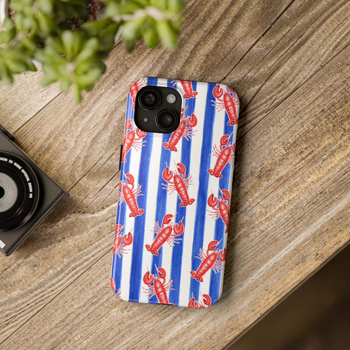 Blue & White Strip Red Lobster Watercolor Patterned Phone Case | Various Models