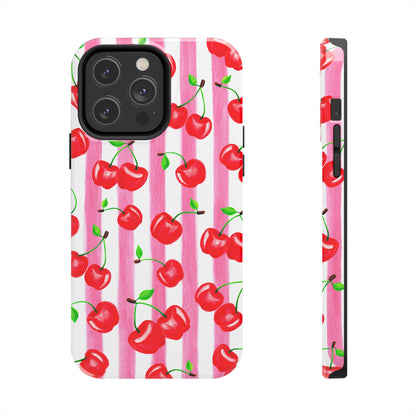 Tossed Red Watercolor Cherries Illustrated Pattern Light Pink Stripes Tough Phone Case | Various Models