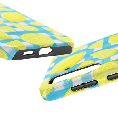 Yellow Lemons & Turquoise Gingham Watercolor Illustrated Tough Phone Case | Various Models Available