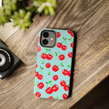 Tossed Red Watercolor Cherries Illustrated Pattern Bright Blue Tough Phone Case | Various Models