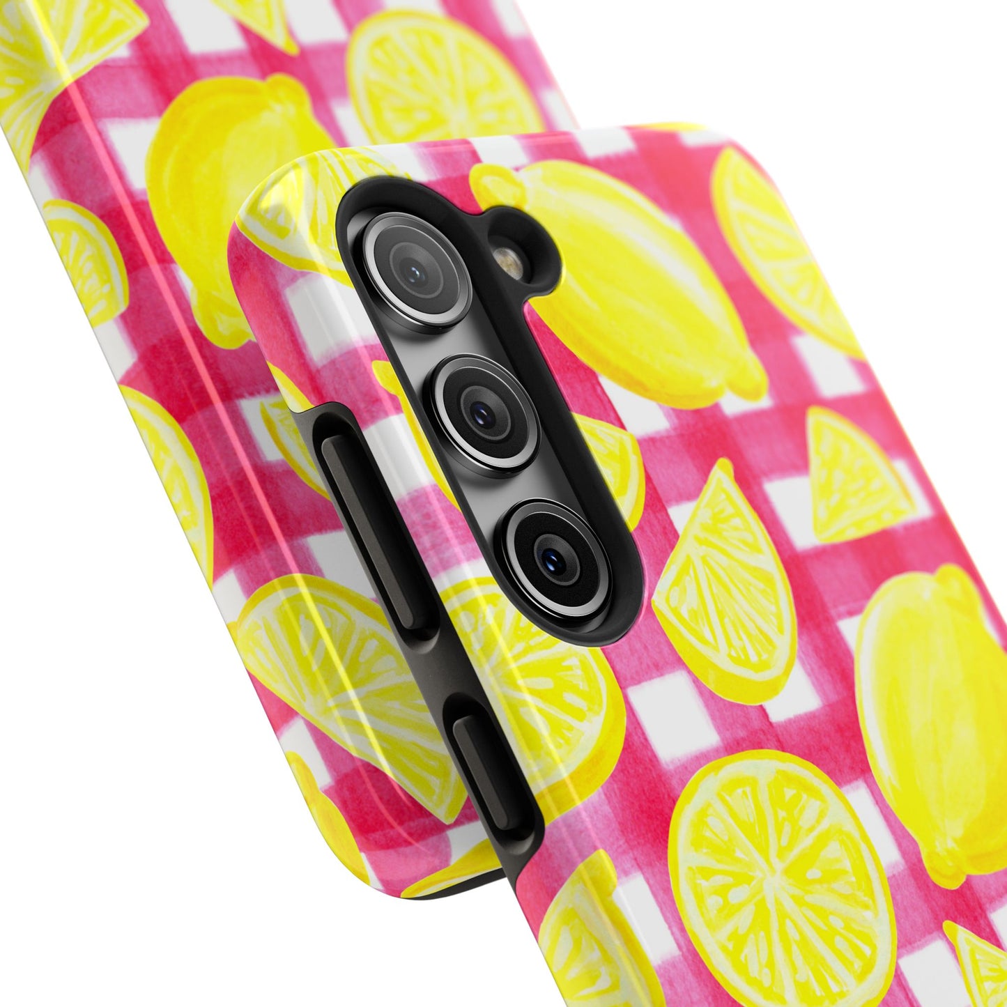Yellow Lemons & Hot Pink Gingham Watercolor Illustrated Tough Phone Case | Various Models Available