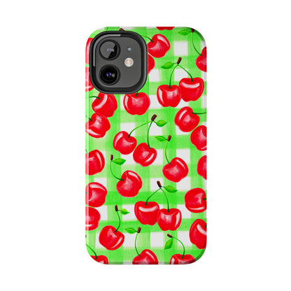 Red Tossed Cherries Green Gingham Watercolor Illustrated Tough Phone Case | Various Models Available