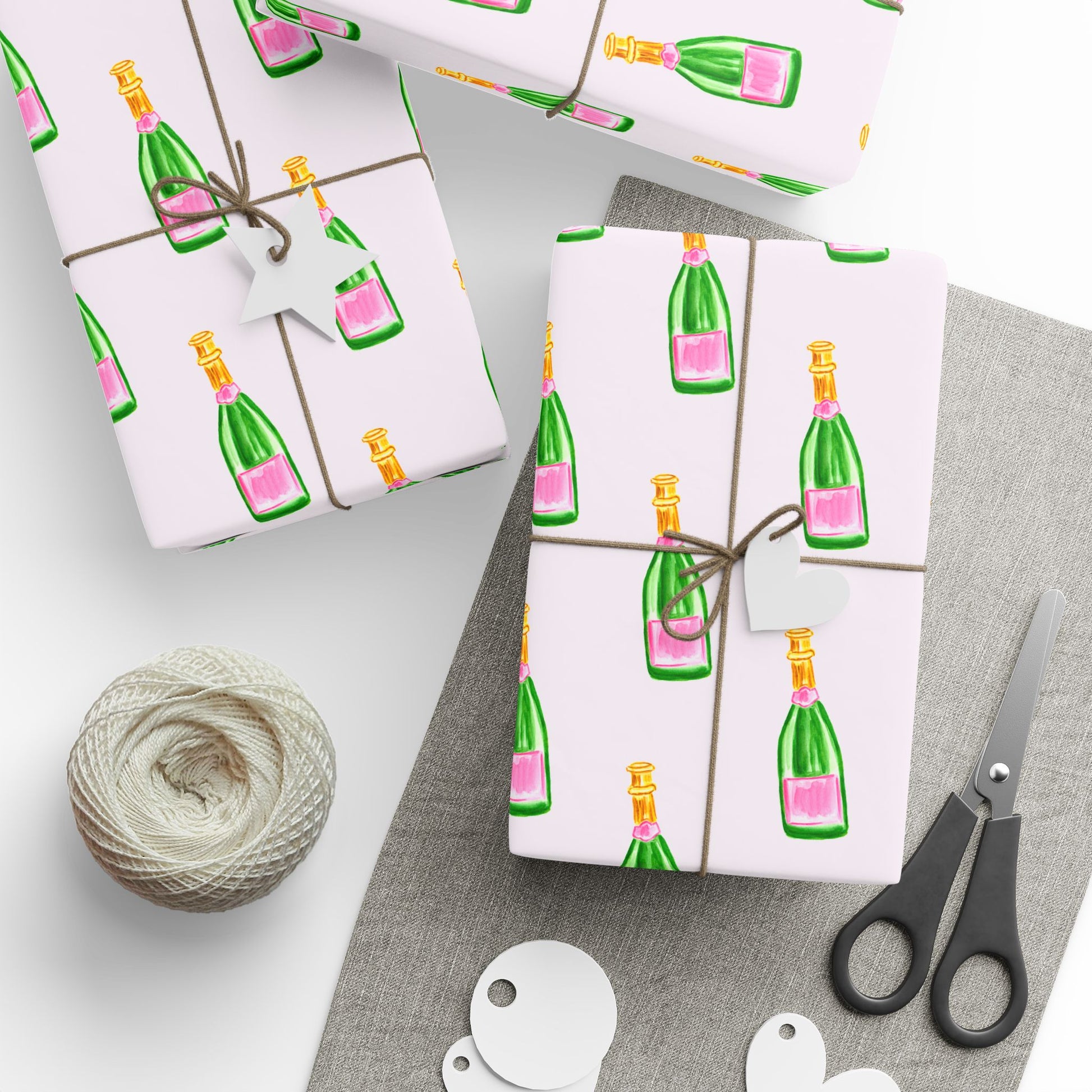Gift Wrap | Blush Pink & Green Watercolor Champagne Bottles Pattern | Matte or Glossy