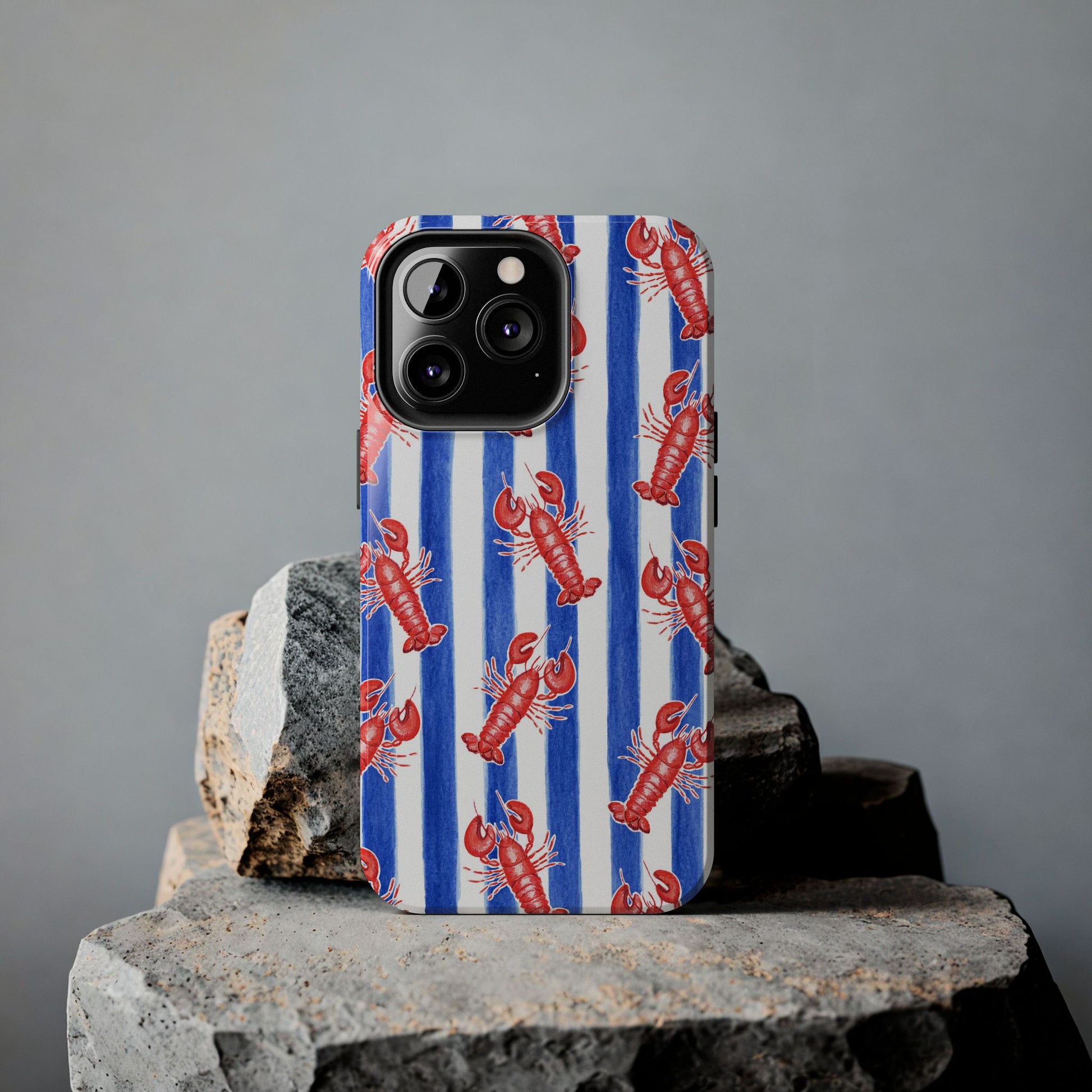 Blue & White Strip Red Lobster Watercolor Patterned Phone Case | Various Models