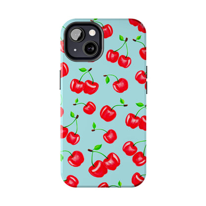 Tossed Red Watercolor Cherries Illustrated Pattern Bright Blue Tough Phone Case | Various Models