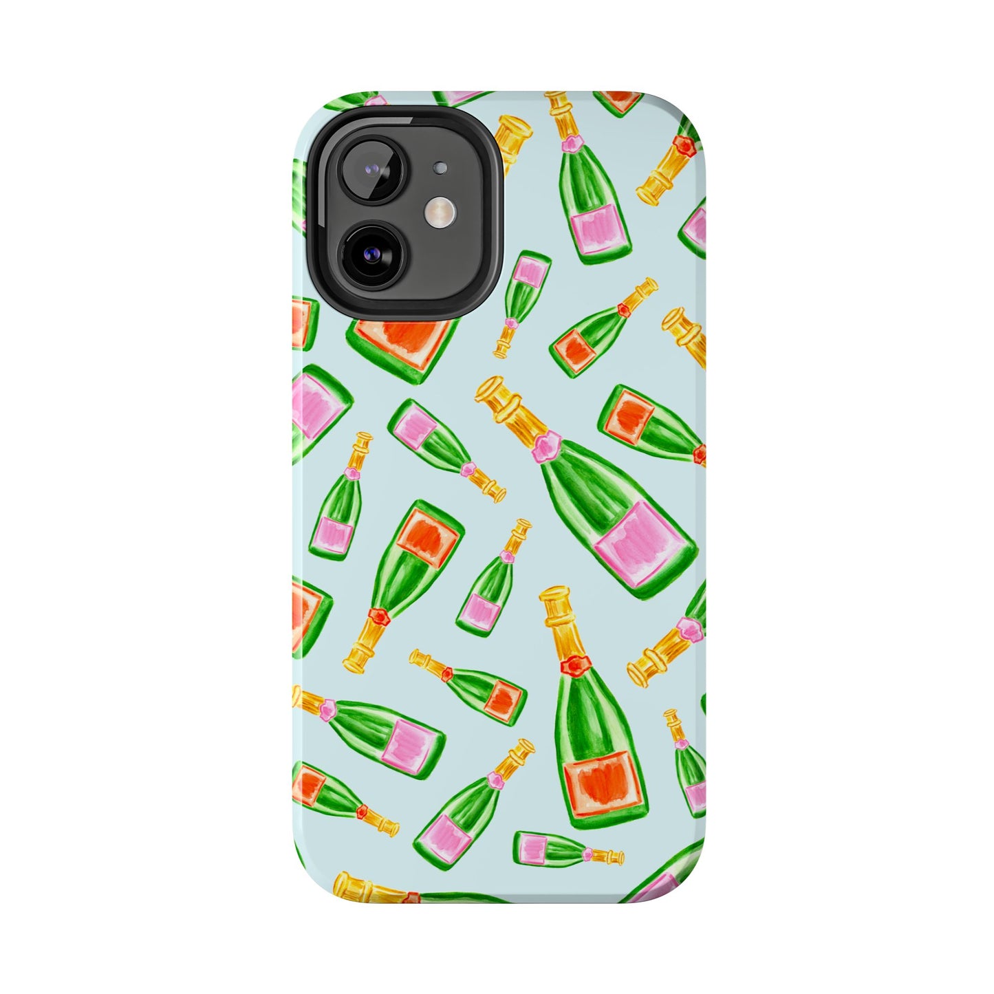 Tossed Pink and Green & Orange and Green Watercolor Illustrated Champagne Bottles Pattern Light Blue Tough Phone Case | Various Models