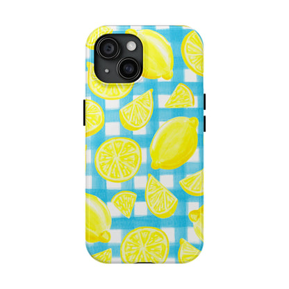 Yellow Lemons & Turquoise Gingham Watercolor Illustrated Tough Phone Case | Various Models Available