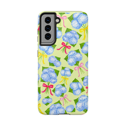 Blue Watercolor Hydrangea Bunches with Hot Pink, Yellow, Light Pink Bows Illustrated Patterned Yellow Tough Phone Case | Various Models