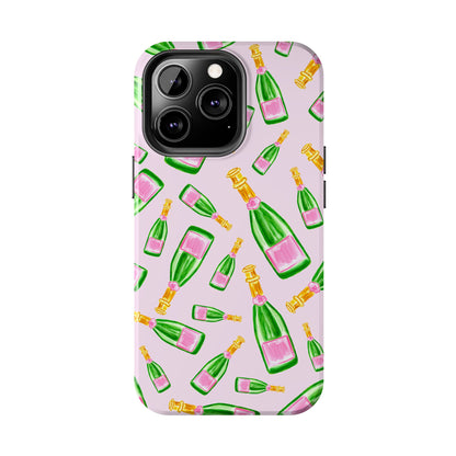 Tossed Pink and Green Watercolor Illustrated Champagne Bottles Pattern Blush Pink Tough Phone Case | Various Models