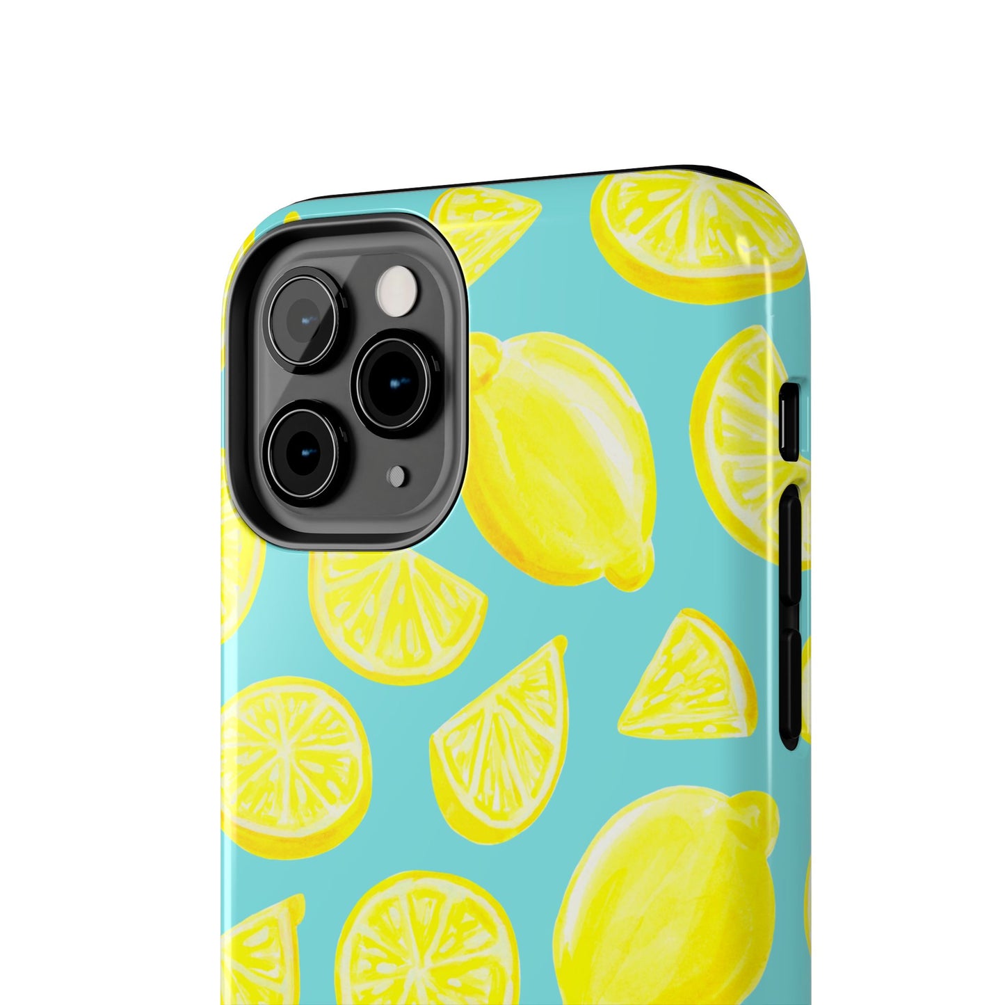 Bright Yellow Lemons Watercolor Illustrated Tossed Pattern Turquoise Blue Tough Phone Case | Various Models