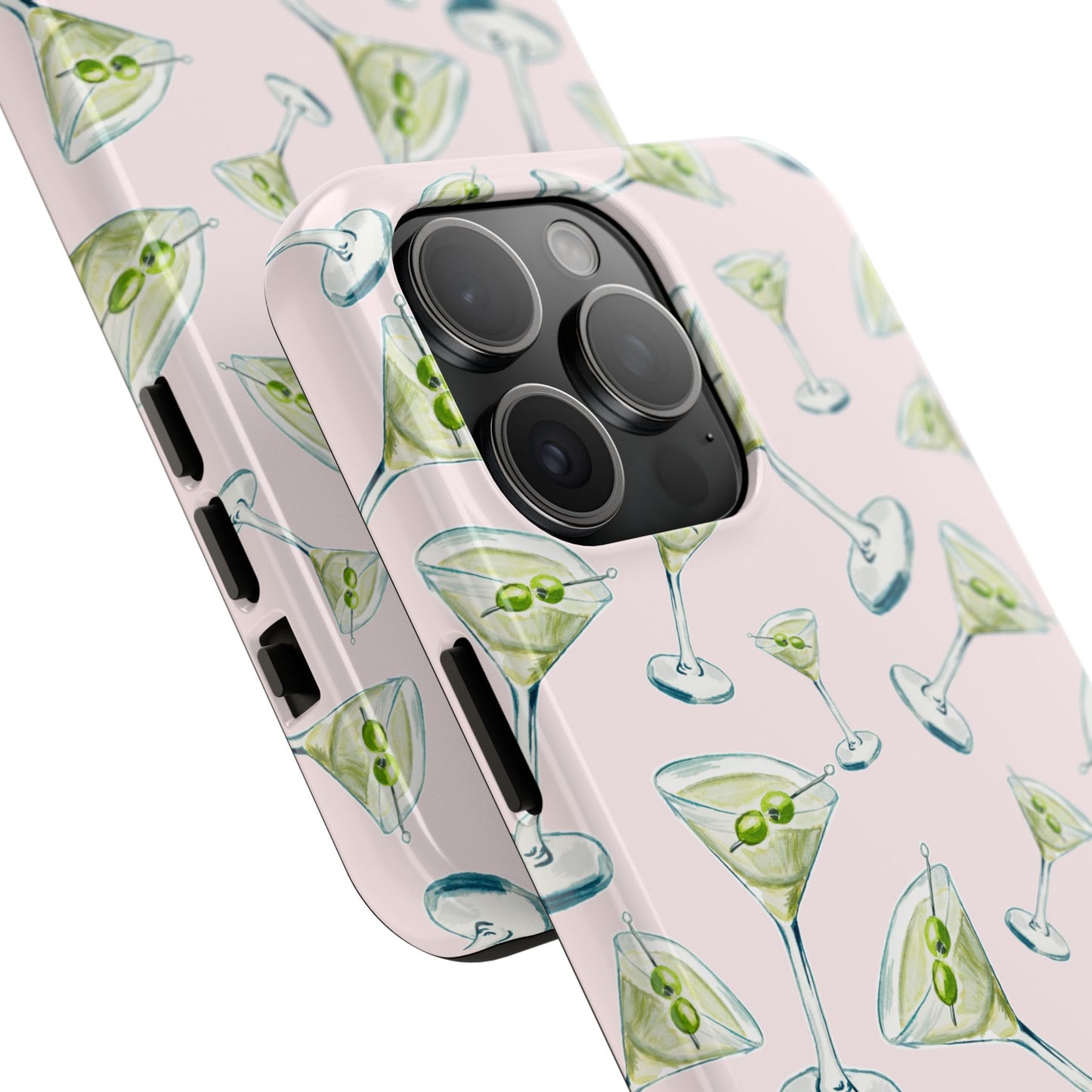 Watercolor Blue and Green Martinis Tossed Illustrated Pattern Blush Pink Tough Phone Case | Various Models