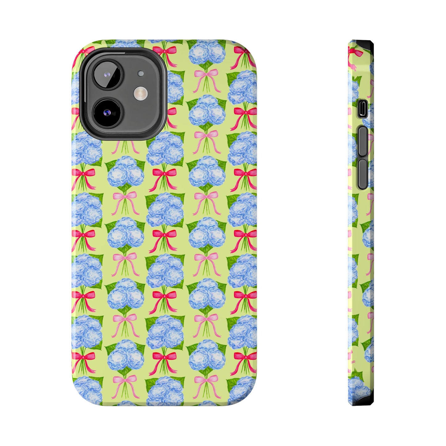 Watercolor Blue Hydrangea Bouquets with Hot Pink and Light Pink Bow Ribbons Illustrated Pattern Yellow Tough Phone Case | Various Models