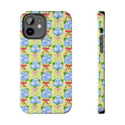 Watercolor Blue Hydrangea Bouquets with Hot Pink and Light Pink Bow Ribbons Illustrated Pattern Yellow Tough Phone Case | Various Models