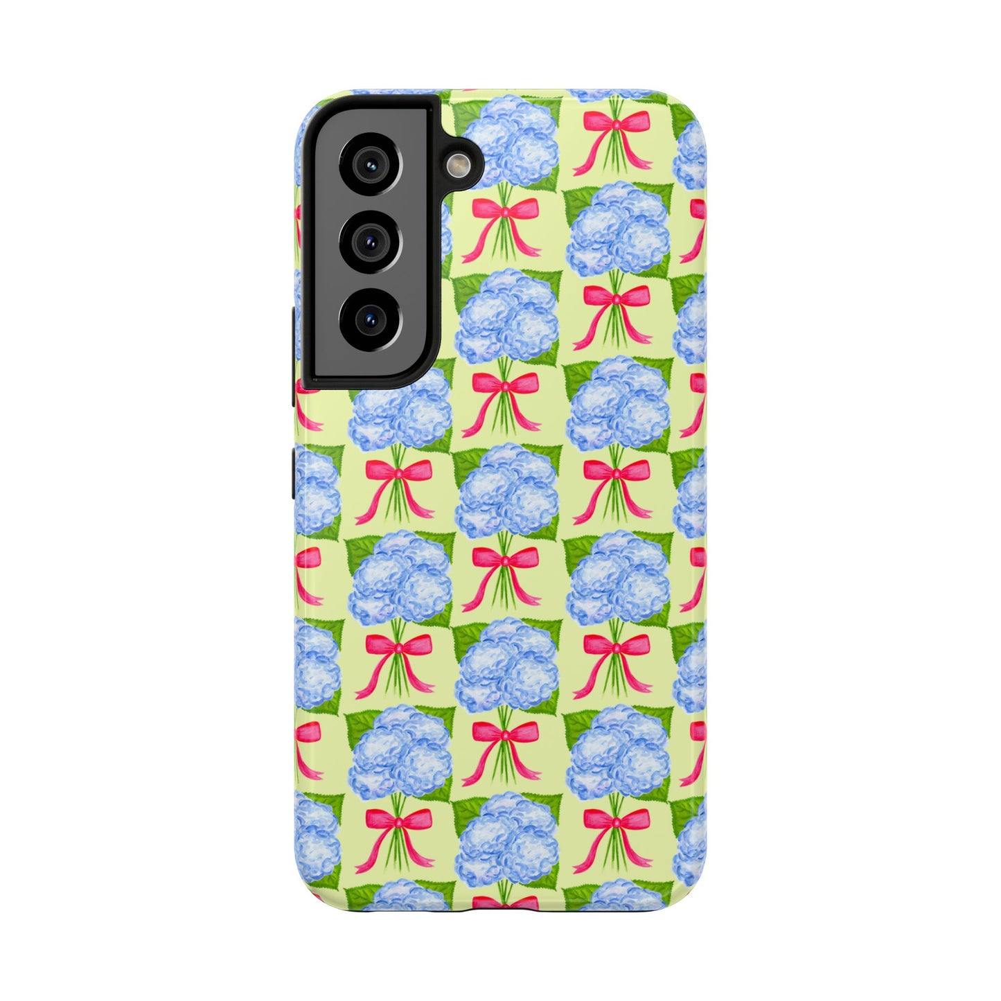 Blue Watercolor Hydrangea Bouquets with Hot Pink Bows Illustrated Patterned Yellow Preppy Grand Millenial Tough Phone Case | Various Models