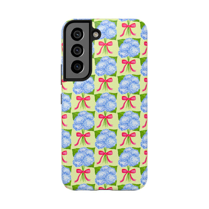 Blue Watercolor Hydrangea Bouquets with Hot Pink Bows Illustrated Patterned Yellow Preppy Grand Millenial Tough Phone Case | Various Models