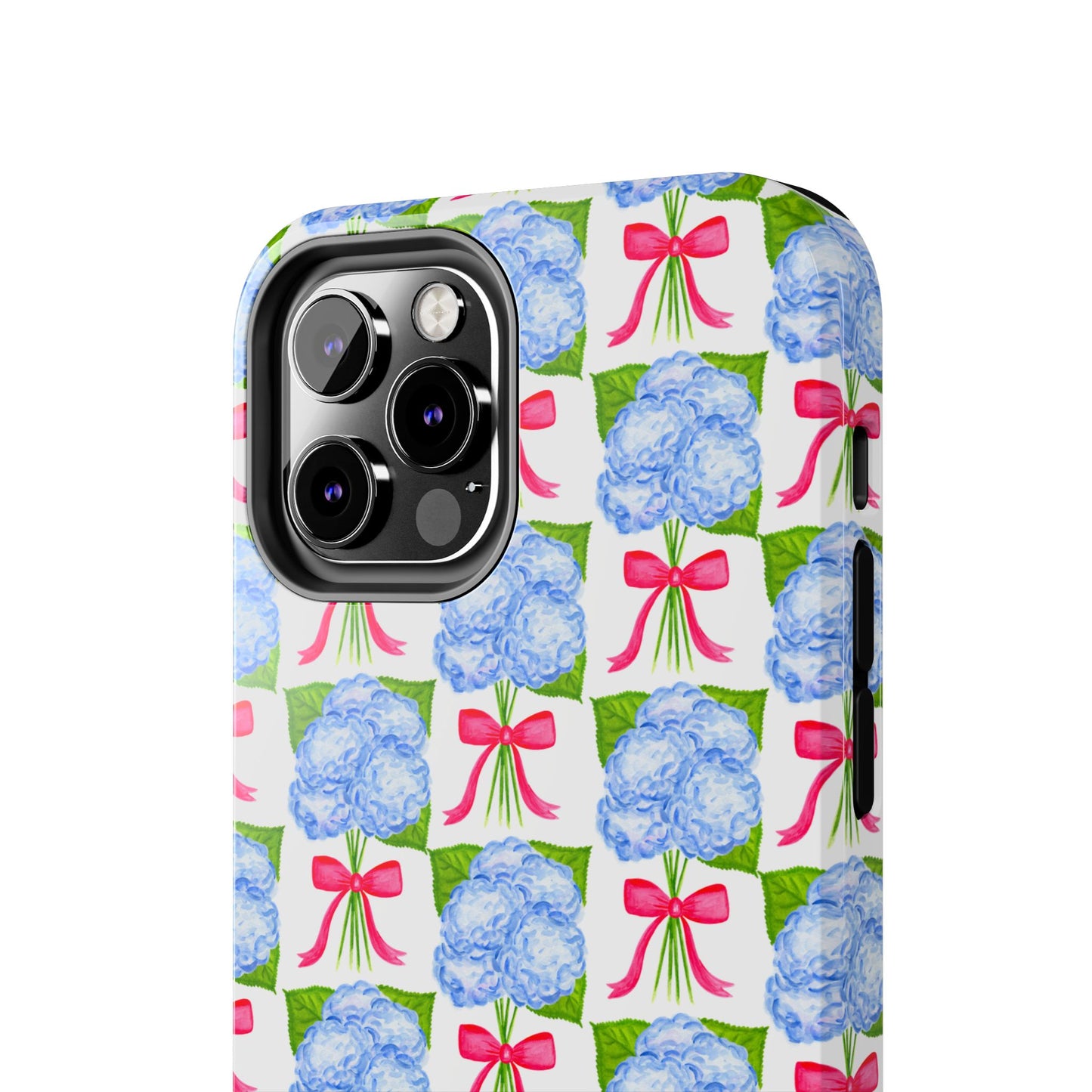 Blue Watercolor Hydrangea Bouquets with Hot Pink Bows Illustrated Patterned Tough Phone Case | Various Models