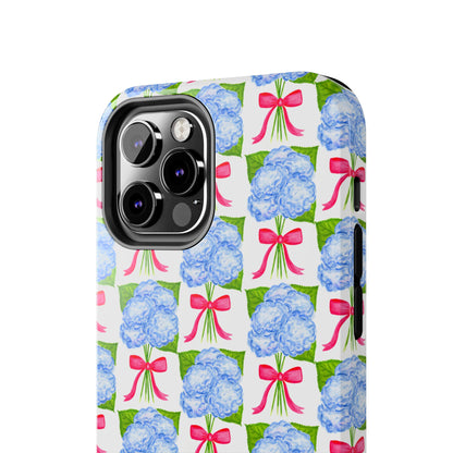 Blue Watercolor Hydrangea Bouquets with Hot Pink Bows Illustrated Patterned Tough Phone Case | Various Models