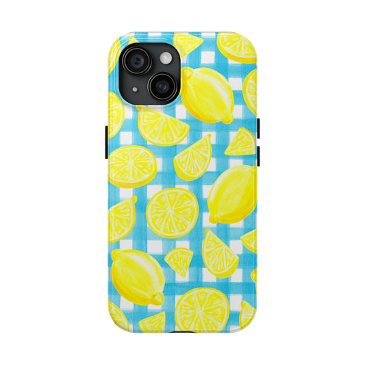 Bright Yellow Lemons Watercolor Illustrated Tossed Pattern Turquoise Gingham Tough Phone Case | Various Models iPhone 15
