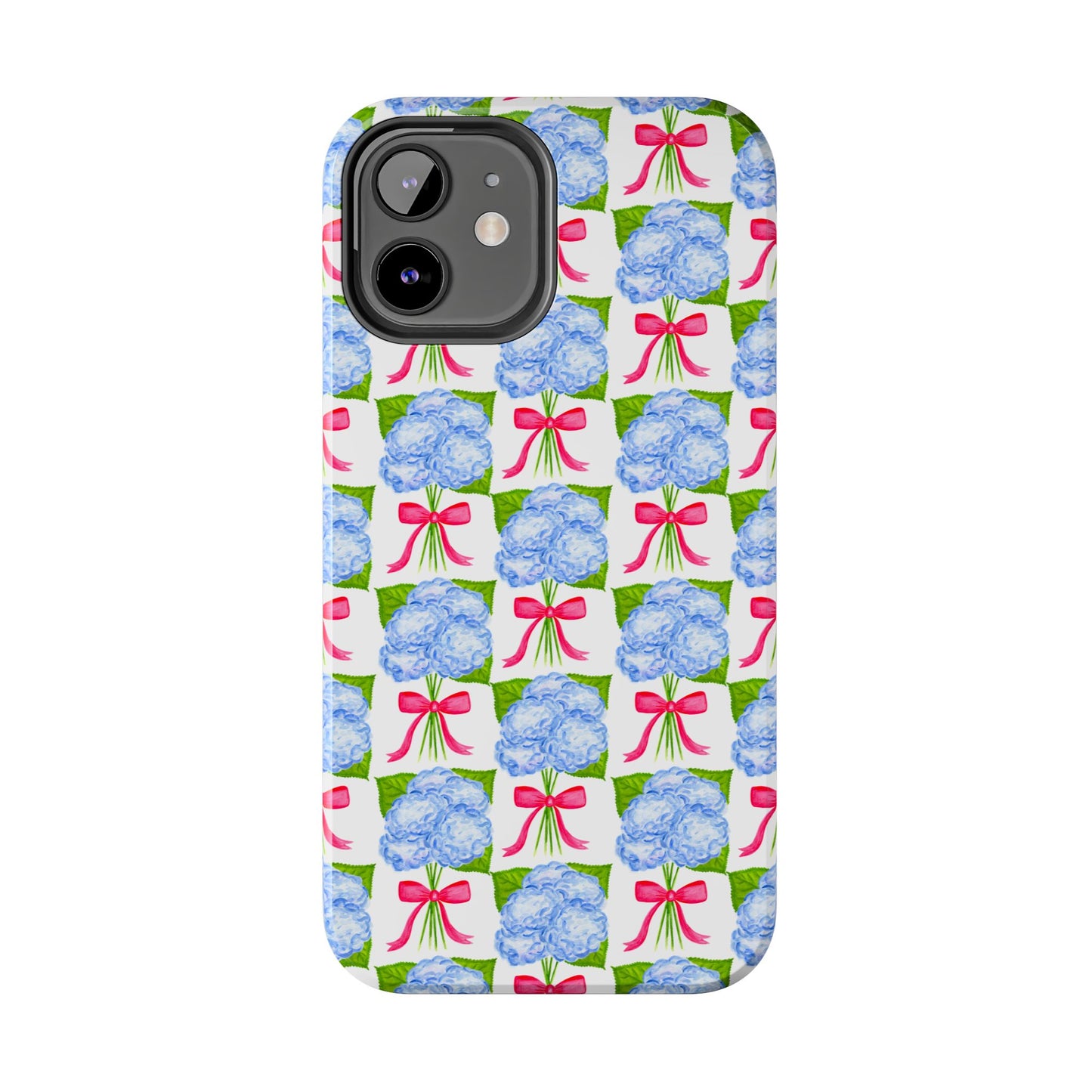 Blue Watercolor Hydrangea Bouquets with Hot Pink Bows Illustrated Patterned Tough Phone Case | Various Models