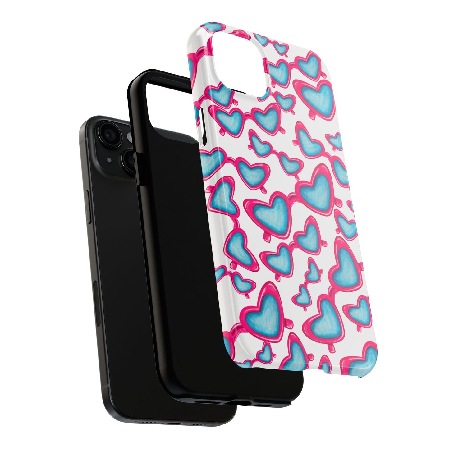 Pink & Blue Heart Shaped Sunglasses Watercolor Illustrated Tossed Pattern Tough Case | Various Models