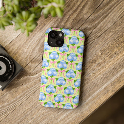 Blue Watercolor Hydrangea Bouquets with Light Pink Bows Watercolor Illustrated Patterned Yellow Tough Phone Case | Various Models