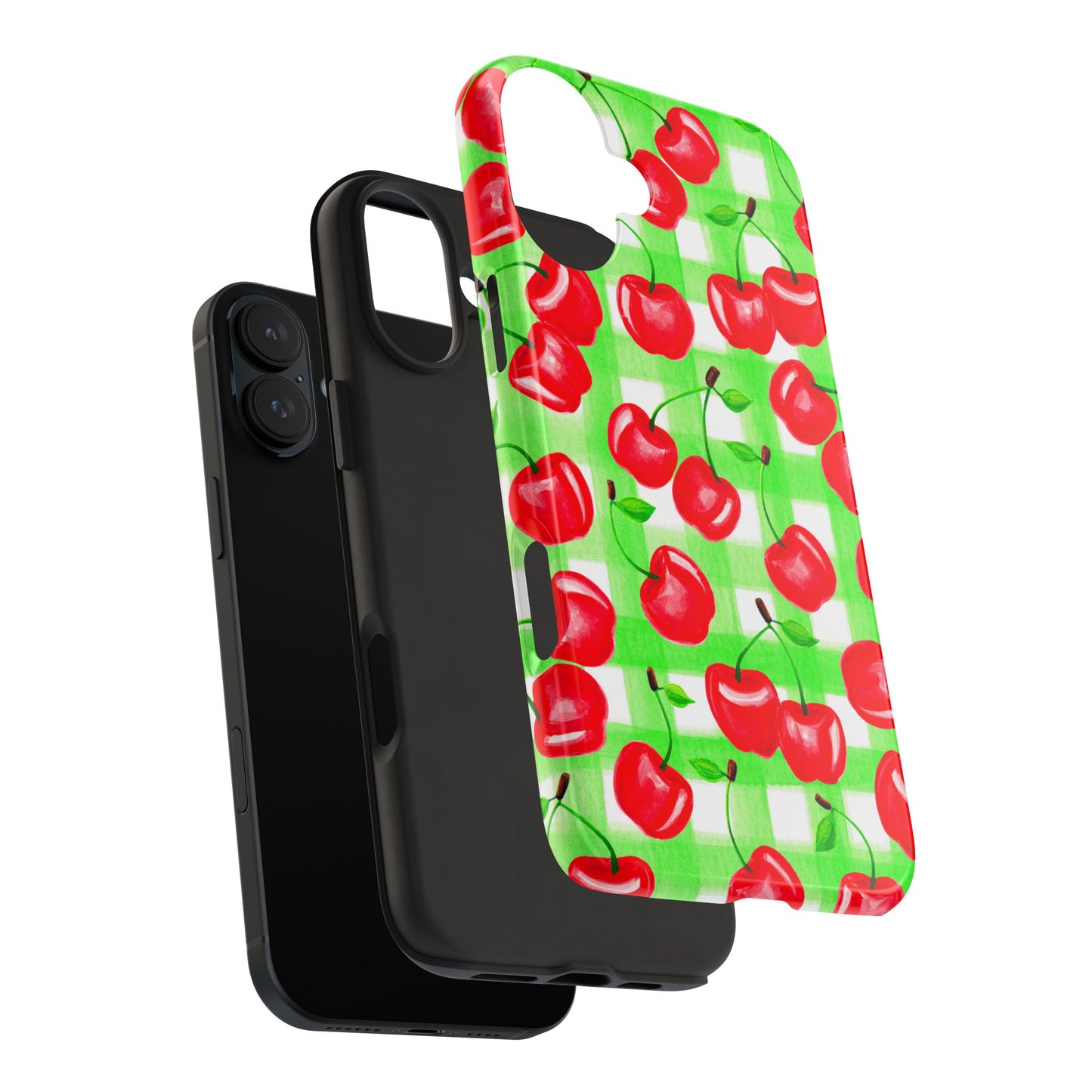 Red Tossed Cherries Green Gingham Watercolor Illustrated Tough Phone Case | Various Models Available