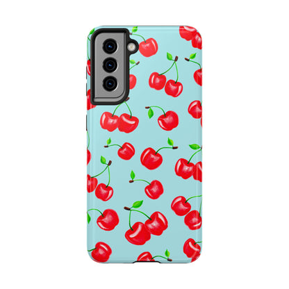 Tossed Red Watercolor Cherries Illustrated Pattern Bright Blue Tough Phone Case | Various Models