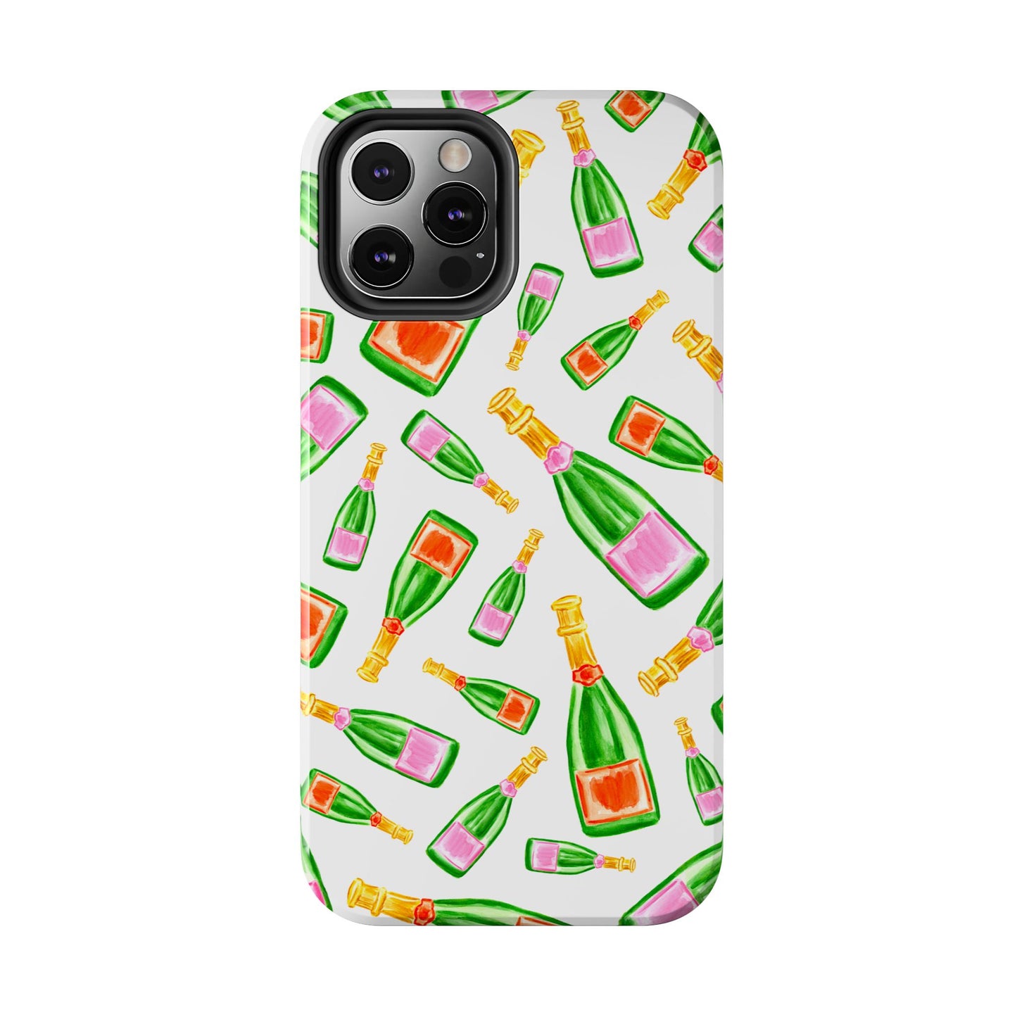 Tossed Pink and Green & Orange and Green Watercolor Illustrated Champagne Bottles Pattern Tough Phone Case | Various Models