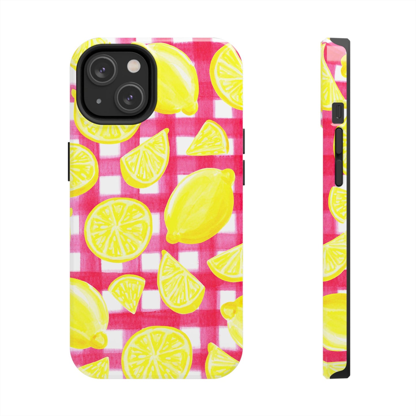 Yellow Lemons & Hot Pink Gingham Watercolor Illustrated Tough Phone Case | Various Models Available