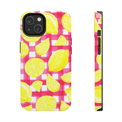 Yellow Lemons & Hot Pink Gingham Watercolor Illustrated Tough Phone Case | Various Models Available