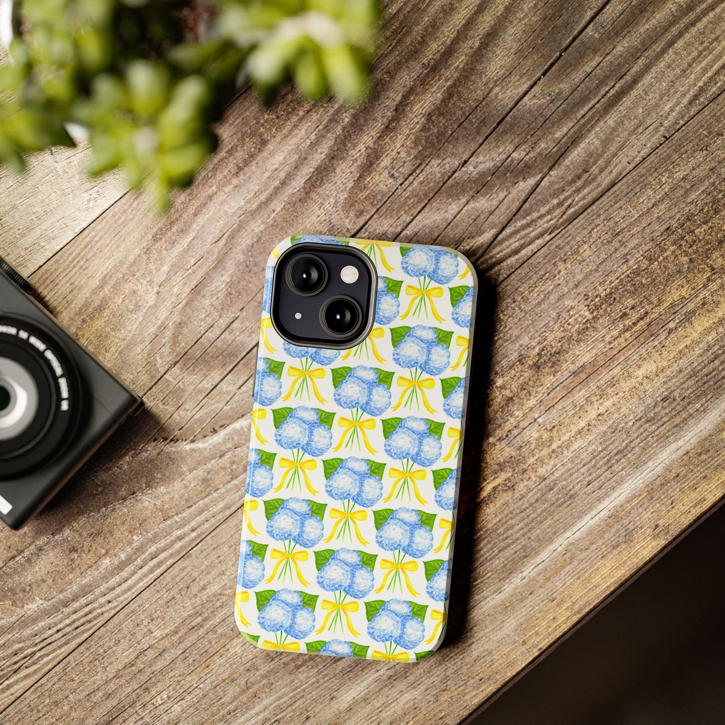 Blue Hydrangea Bouquets with Yellow Bow Ribbon Watercolor Illustrated Patterned Tough Phone Case | Various Models