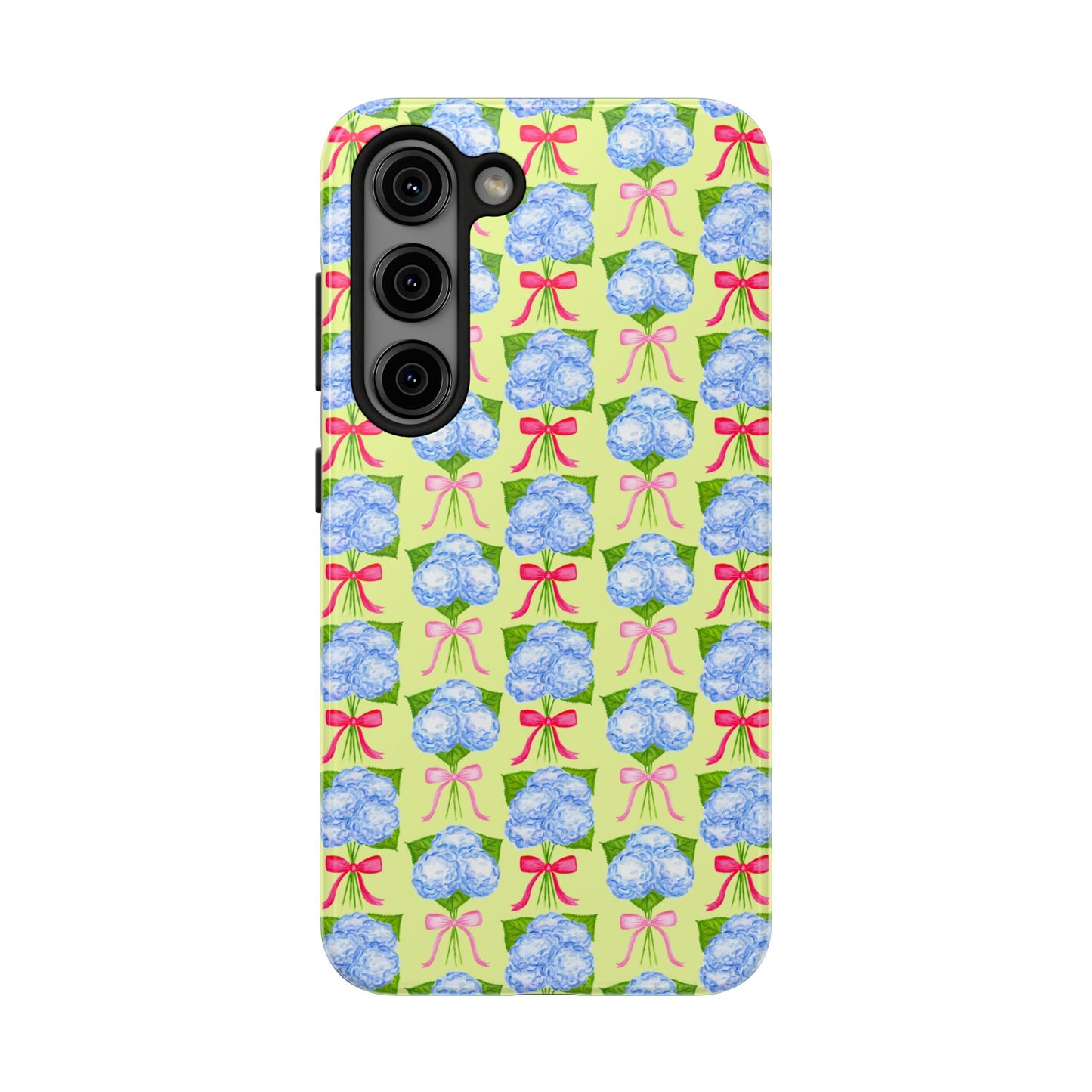 Watercolor Blue Hydrangea Bouquets with Hot Pink and Light Pink Bow Ribbons Illustrated Pattern Yellow Tough Phone Case | Various Models