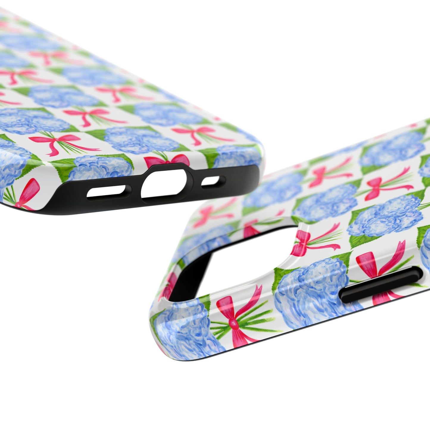 Blue Watercolor Hydrangea Bouquets with Hot Pink Bows Illustrated Patterned Tough Phone Case | Various Models