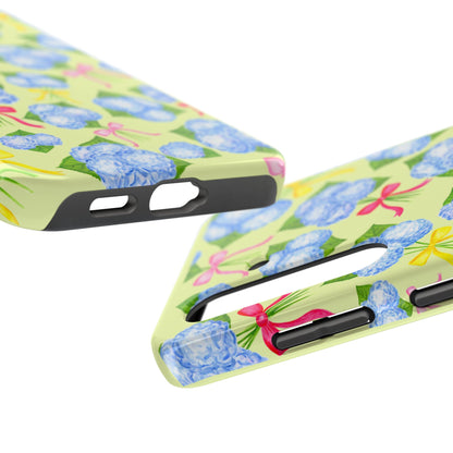 Blue Watercolor Hydrangea Bunches with Hot Pink, Yellow, Light Pink Bows Illustrated Patterned Yellow Tough Phone Case | Various Models