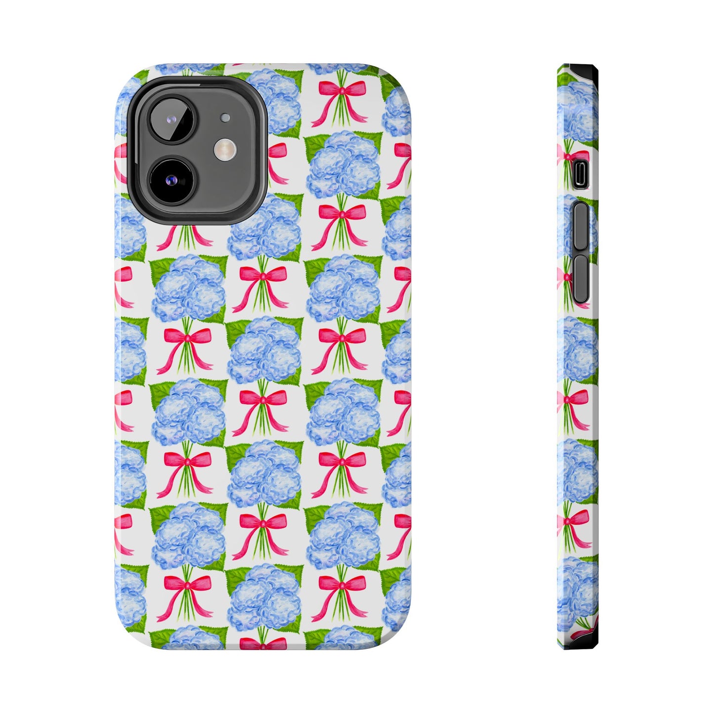 Blue Watercolor Hydrangea Bouquets with Hot Pink Bows Illustrated Patterned Tough Phone Case | Various Models